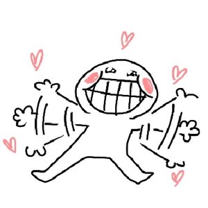 Scribbly stick figure with a huge toothy grin and blushing cheeks, arms flailing in hearts