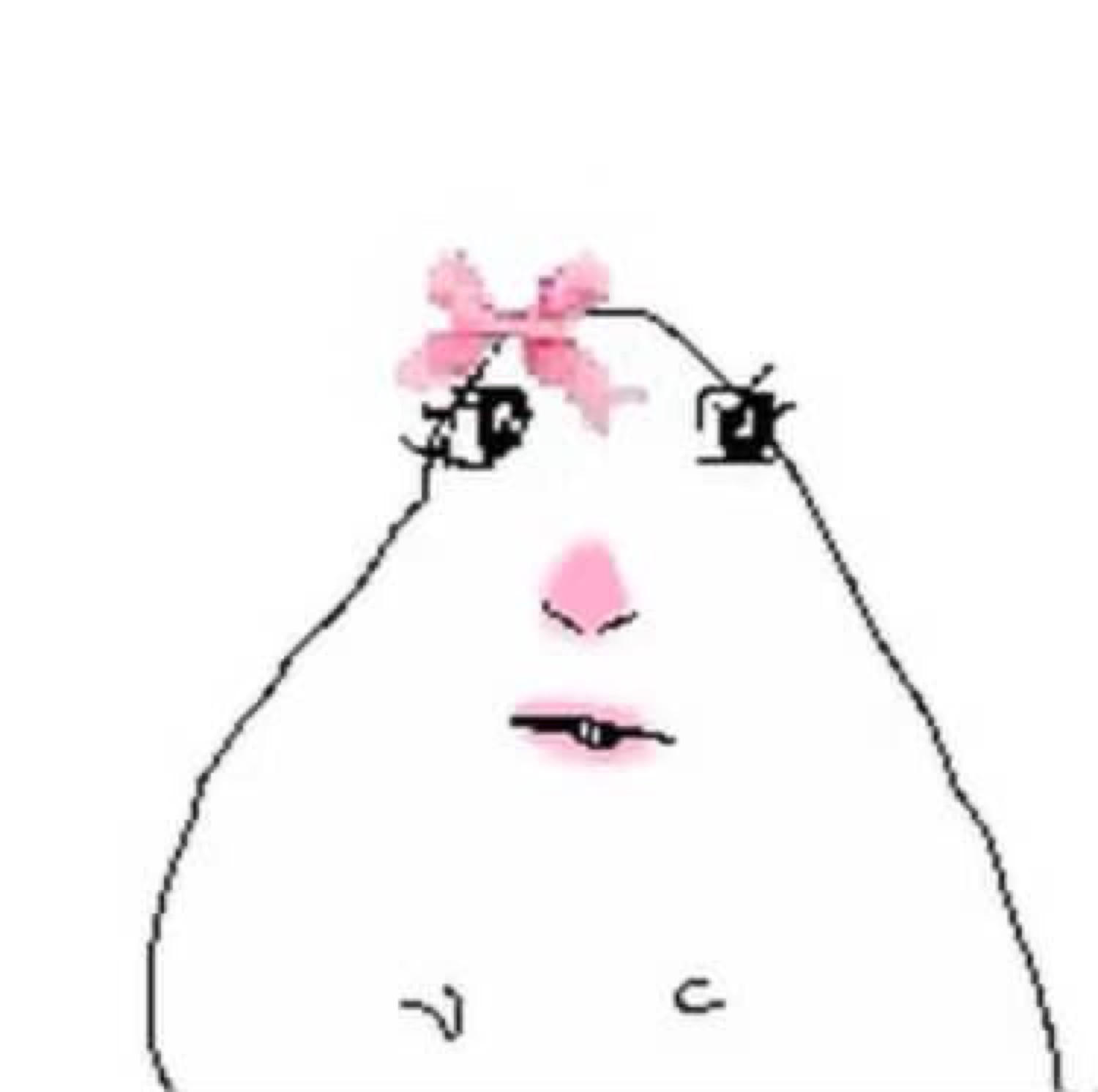 Crudely drawn white blob face with a pink bow and a tiny pleased smile
