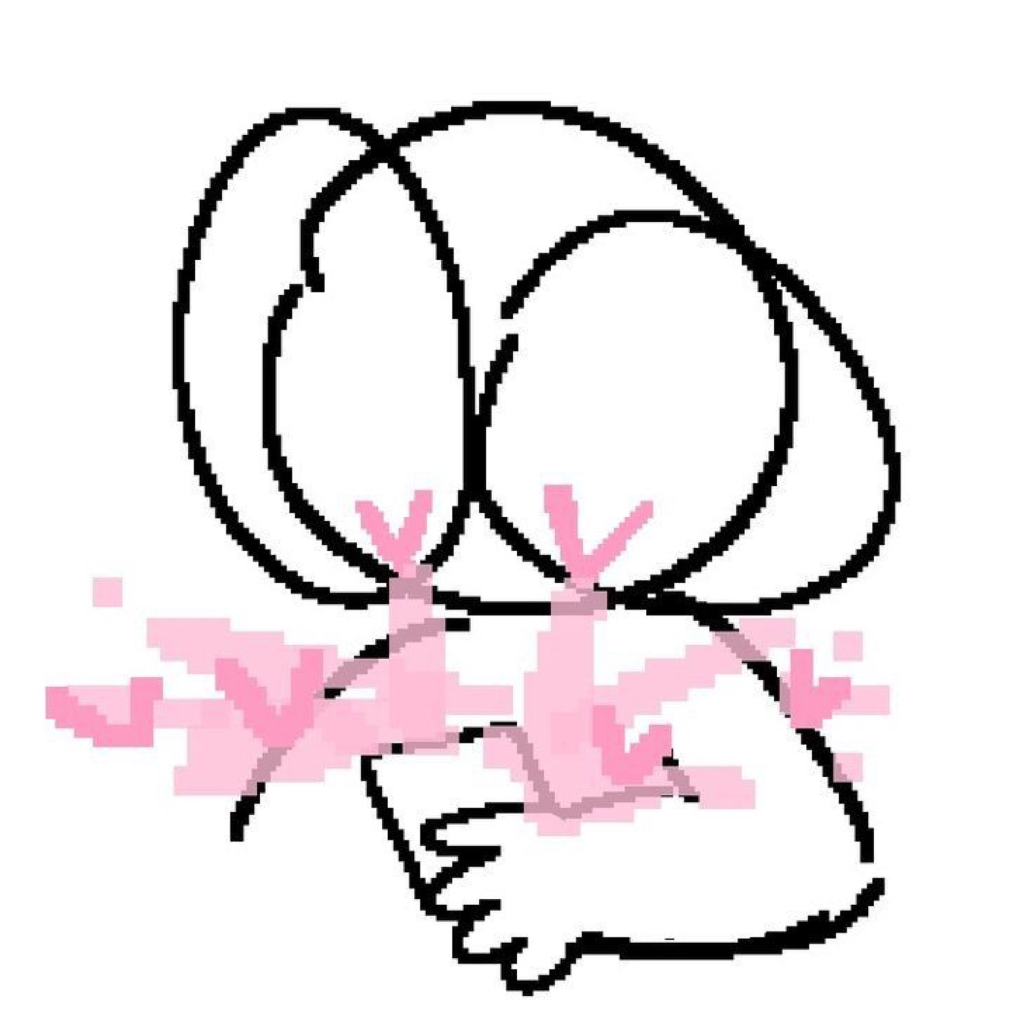 Doodled character curled up hiding its face behind pink blush scribbles