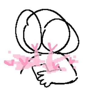 Doodled character curled up hiding its face behind pink blush scribbles