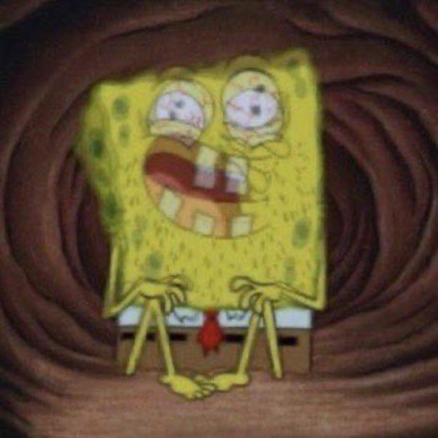 SpongeBob SquarePants looking manic and unhinged with wild spinning eyes in a swirling vortex