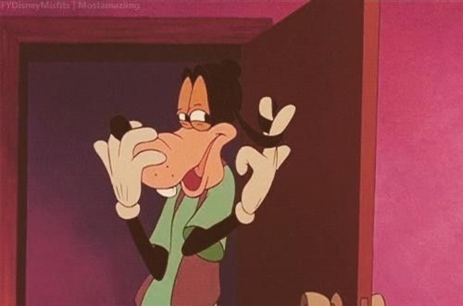 Goofy peering through a cracked door with wide eyes and jazz hands, caught in the act