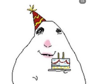 Cartoon blob character wearing a party hat and holding a birthday cake with a subtle smirk