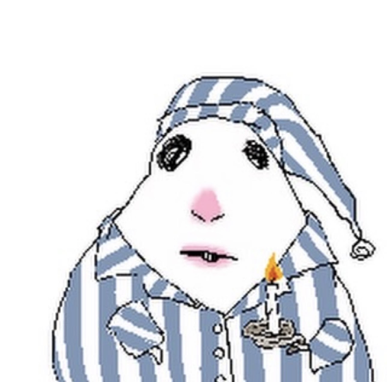 Cartoon creature in striped pajamas and nightcap holding a candle with a wary look