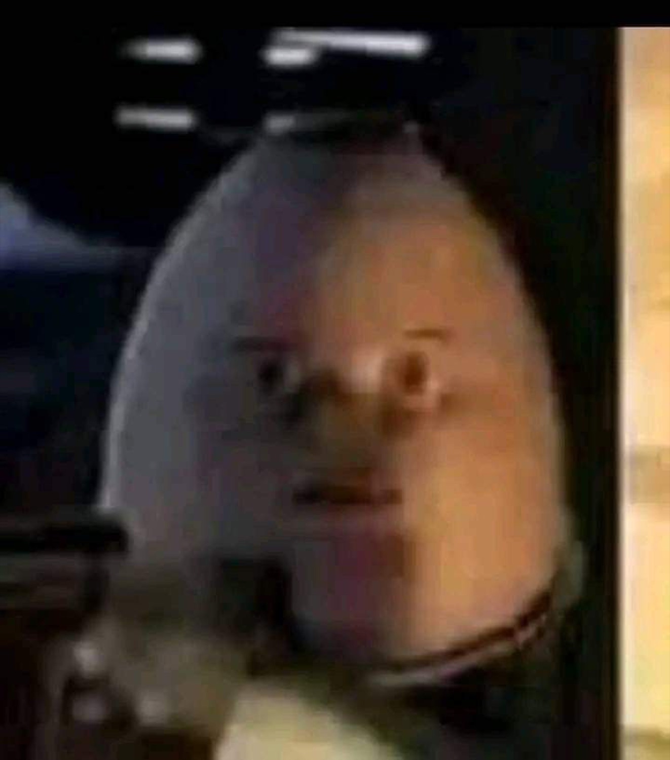 Humpty Dumpty-shaped puppet head staring blankly through a car window in the dark