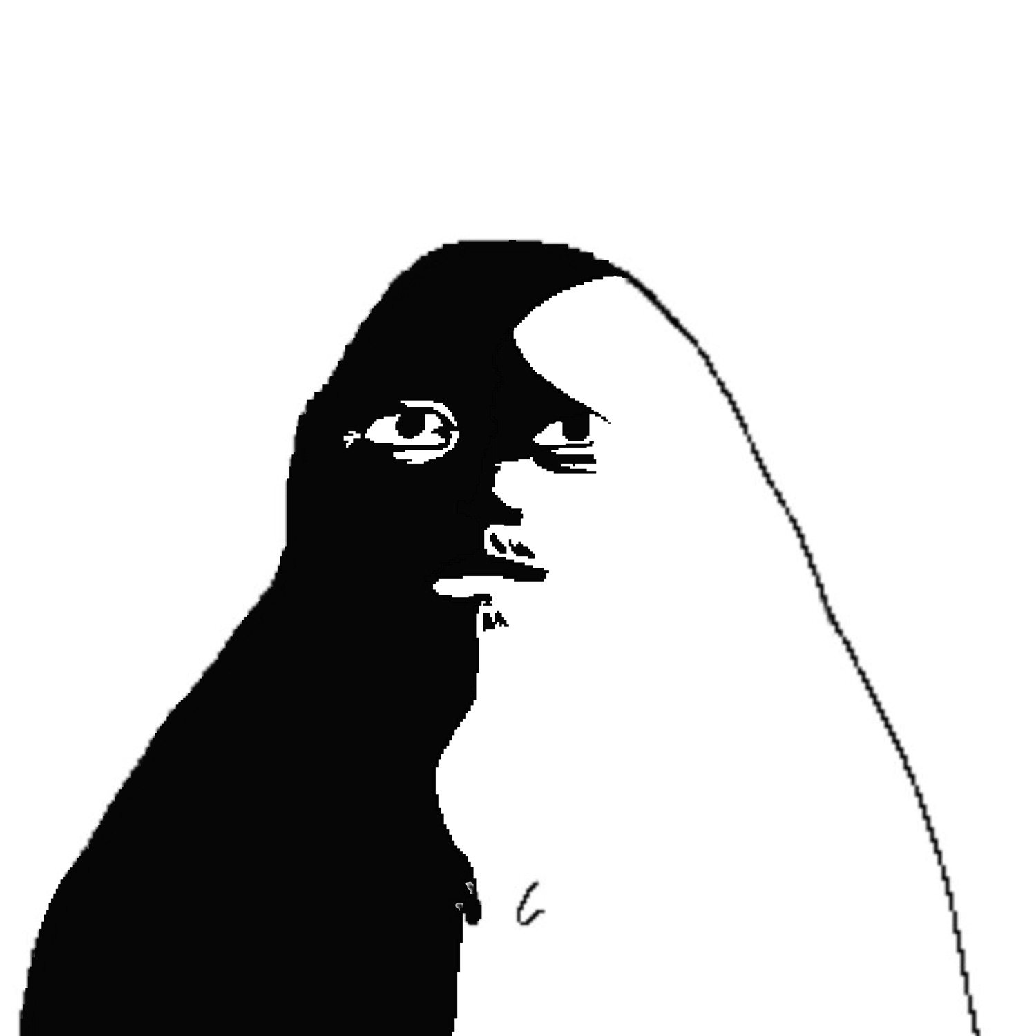 High-contrast black and white wojak in profile, half swallowed by shadow