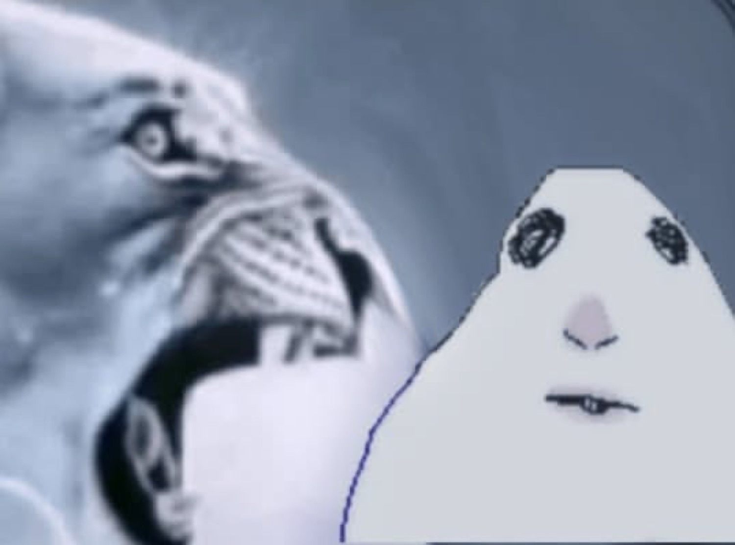 Blank-faced white blob cartoon staring flatly beside a roaring tiger