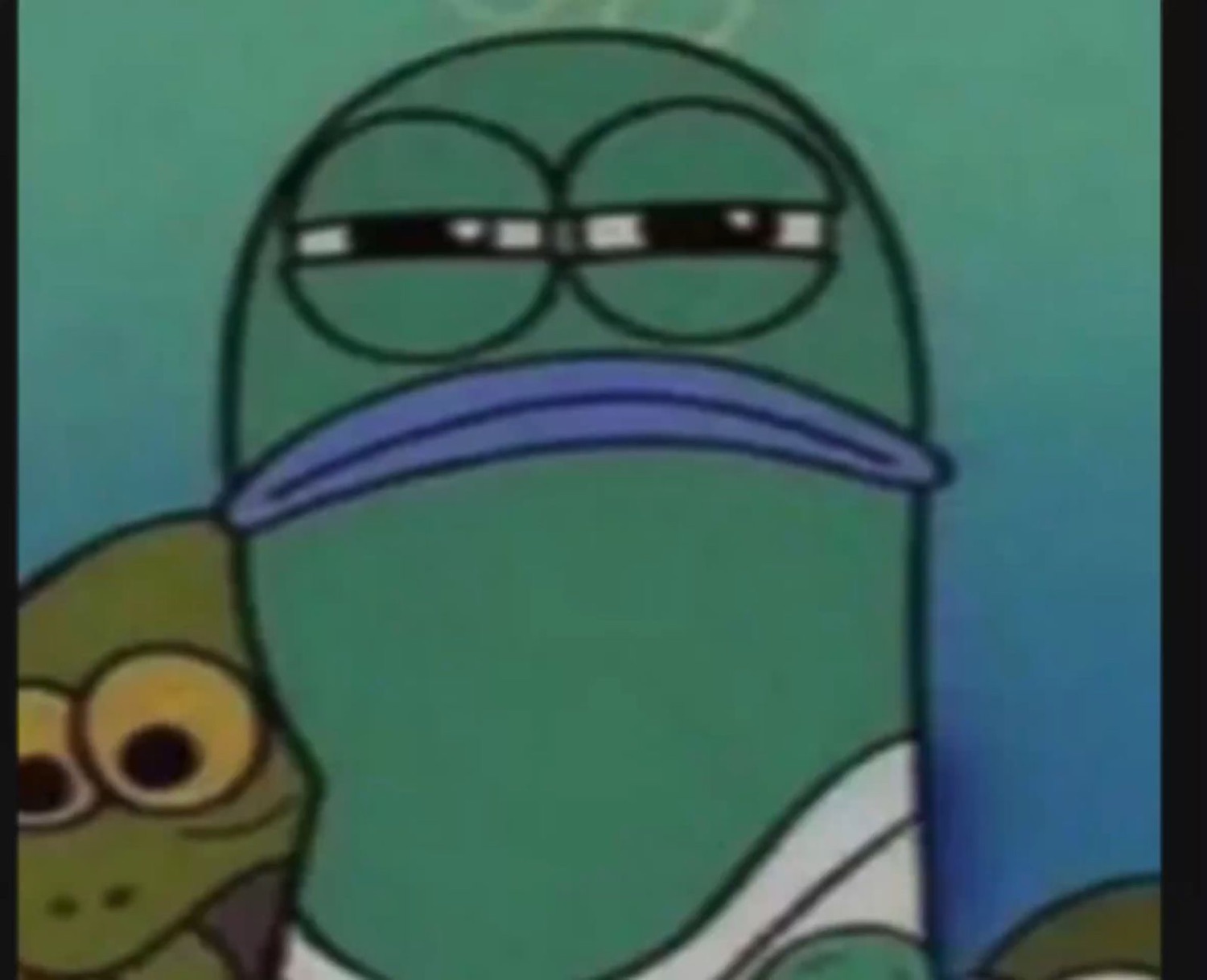 SpongeBob fish character with heavy-lidded, utterly unimpressed eyes and a flat expression