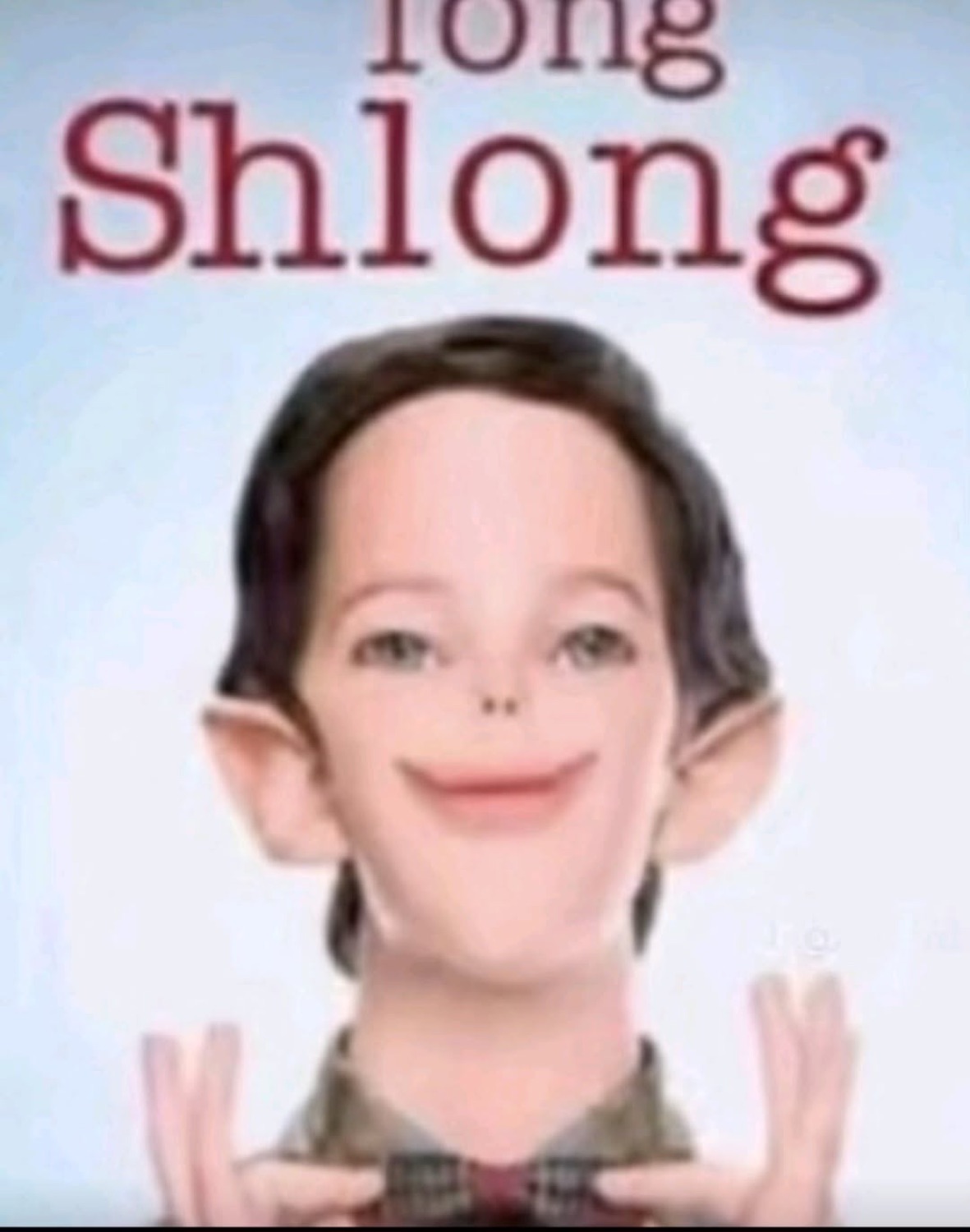 Elf-filtered face grinning blankly under big red text reading 'long Shlong'