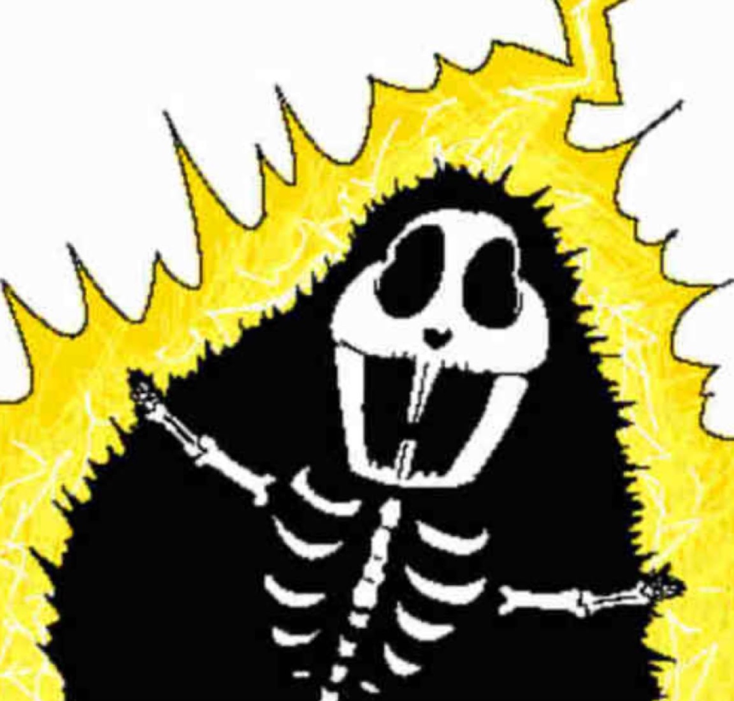 Cartoon skeleton surrounded by lightning and yellow energy, dramatically hyped