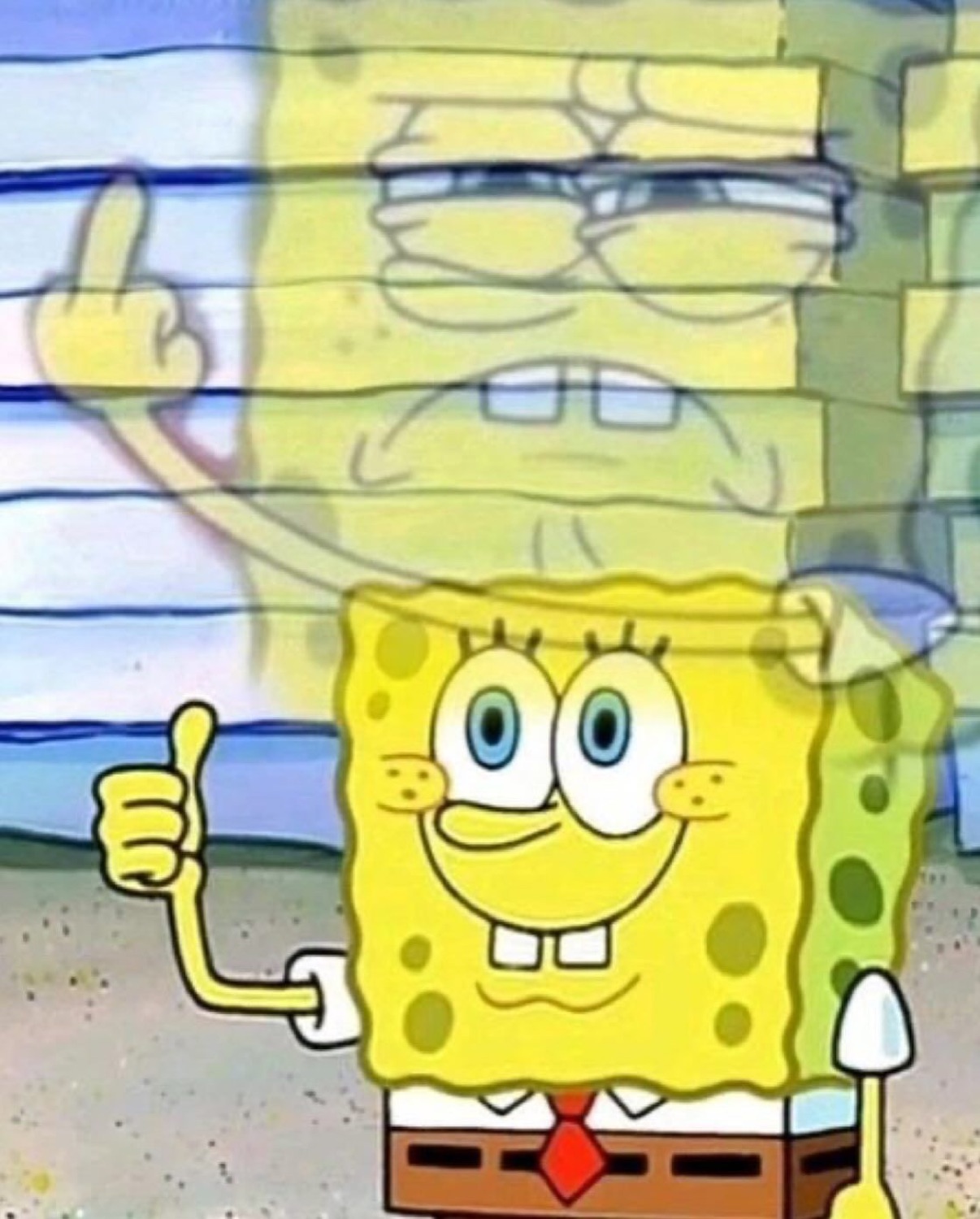 SpongeBob giving a thumbs-up while an angry ghost-SpongeBob looms behind him