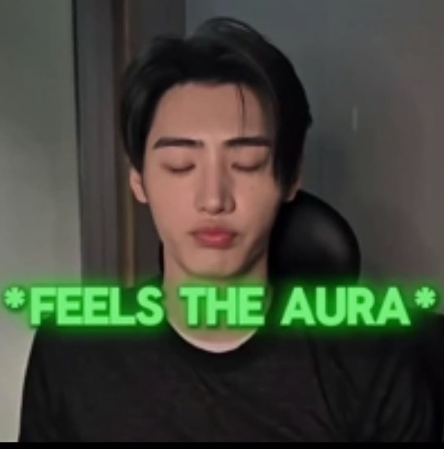 Guy sitting with his eyes serenely closed captioned '*FEELS THE AURA*'