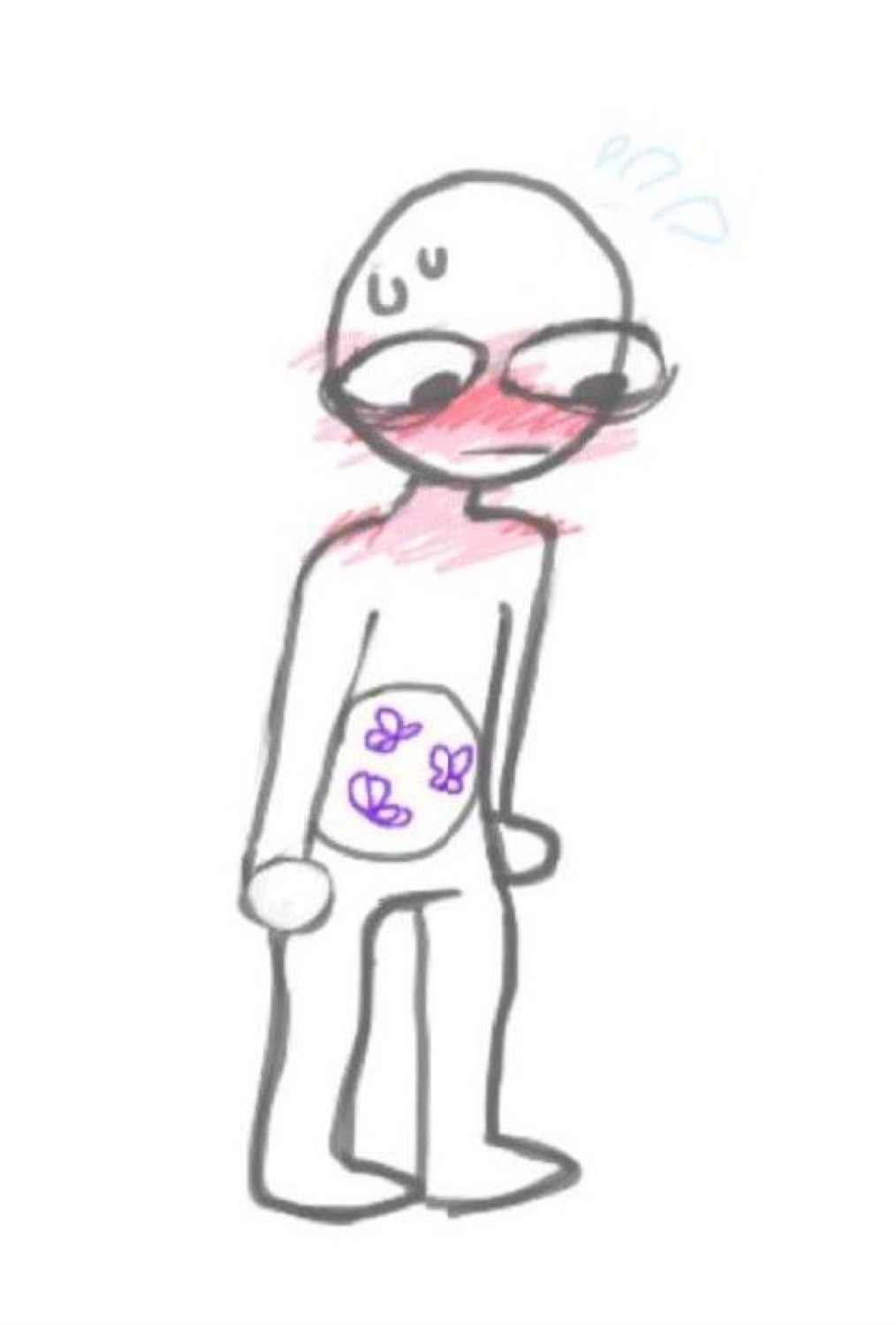 Stick figure doodle with blushing red cheeks, downcast eyes, and butterflies in its stomach