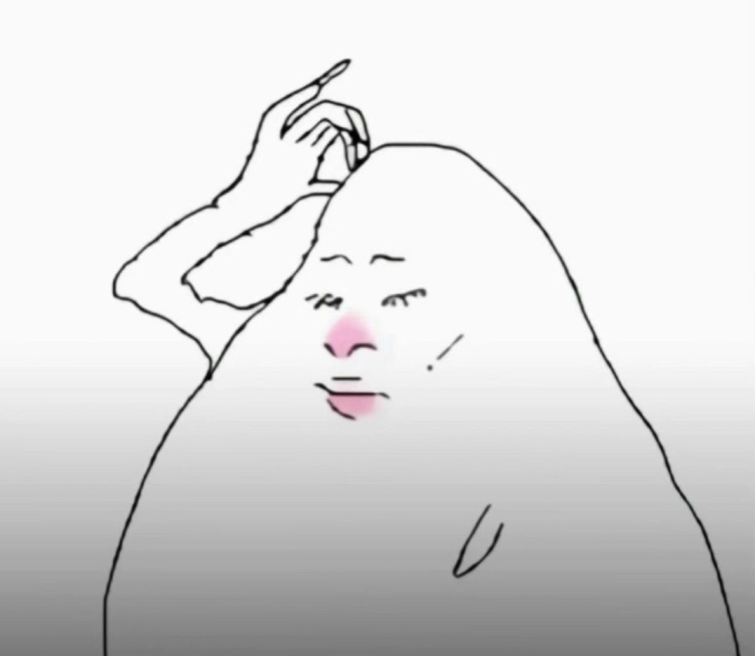 Crude blob doodle with pink blushing cheeks nervously tucking hair behind an ear