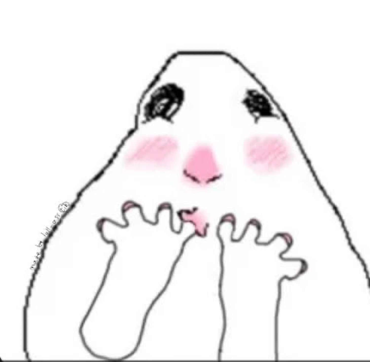 Cute blob cartoon character with rosy cheeks, big sad eyes, and tiny fidgeting hands