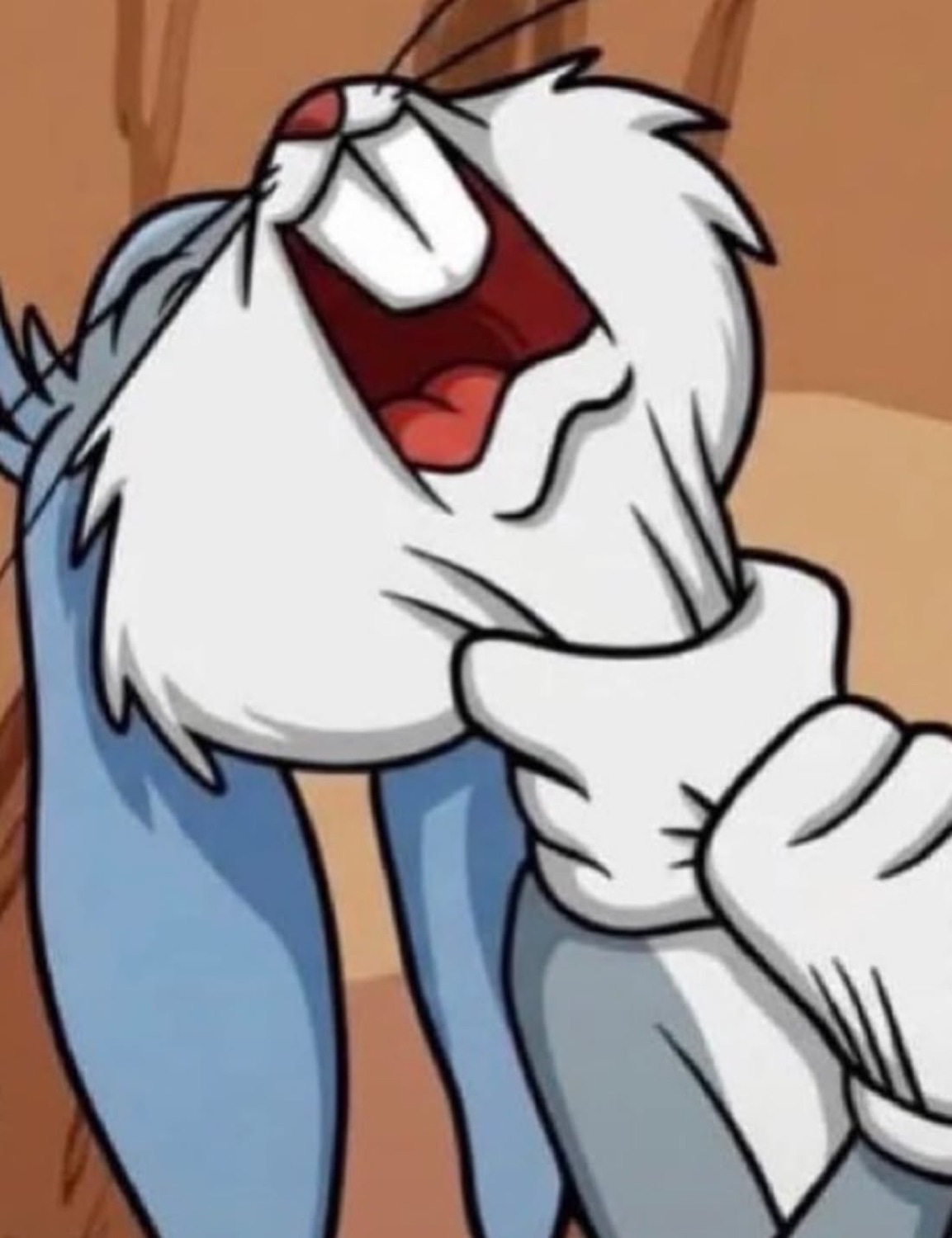 Cartoon white rabbit sobbing dramatically with head thrown back and arms clutching itself