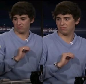 Two-panel of a young man giving an awkward, disappointed grimace while gesturing