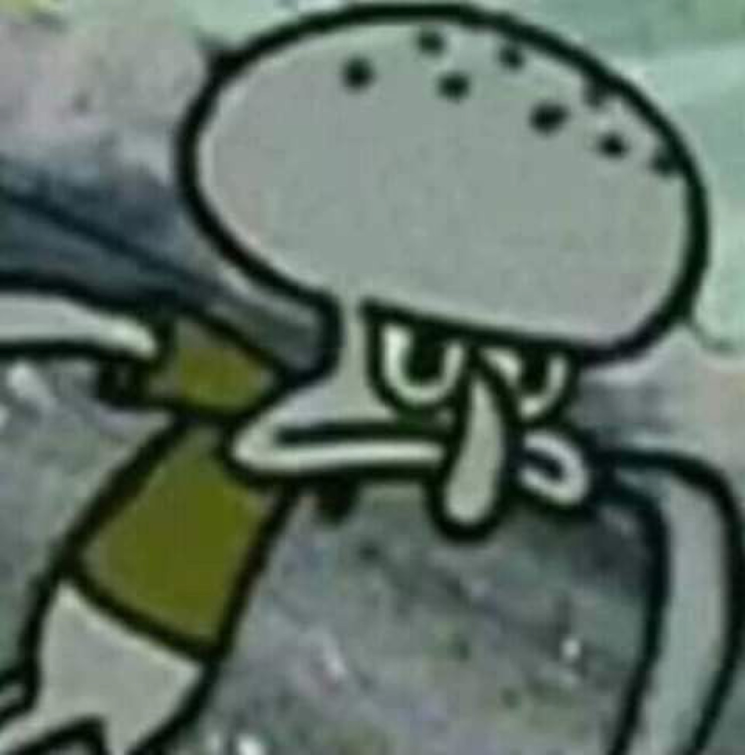 Grainy zoomed-in Squidward with heavy lidded eyes looking thoroughly over it
