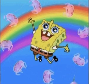 SpongeBob leaping joyfully over a rainbow surrounded by floating jellyfish