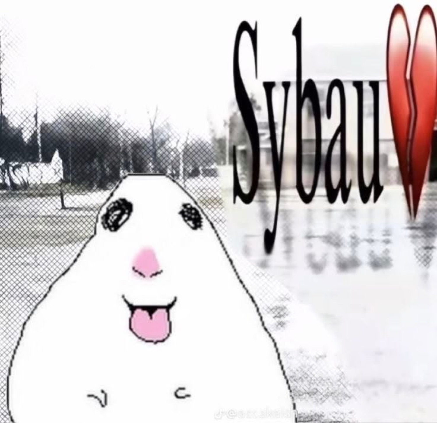 White blob cartoon sticking its tongue out next to 'Sybau' and a broken heart