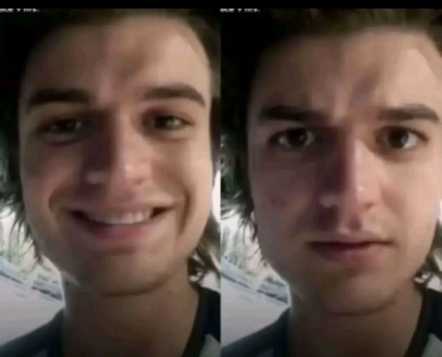 Side-by-side of a guy going from a nervous smile to a blank stare