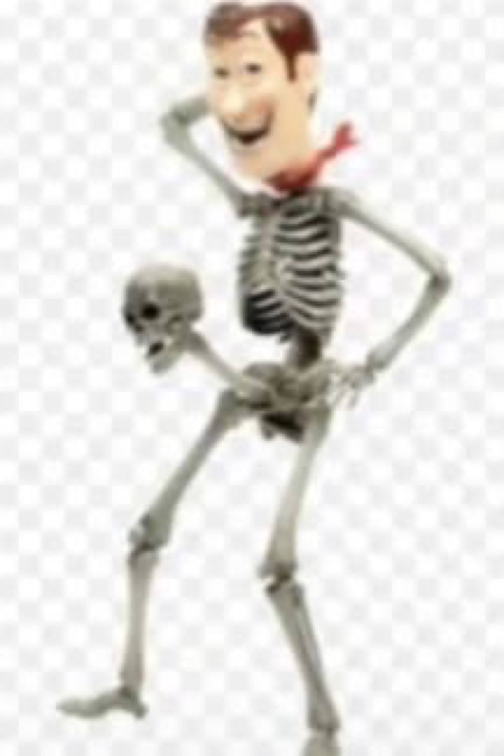 Skeleton with Woody's grinning Toy Story face holding a skull