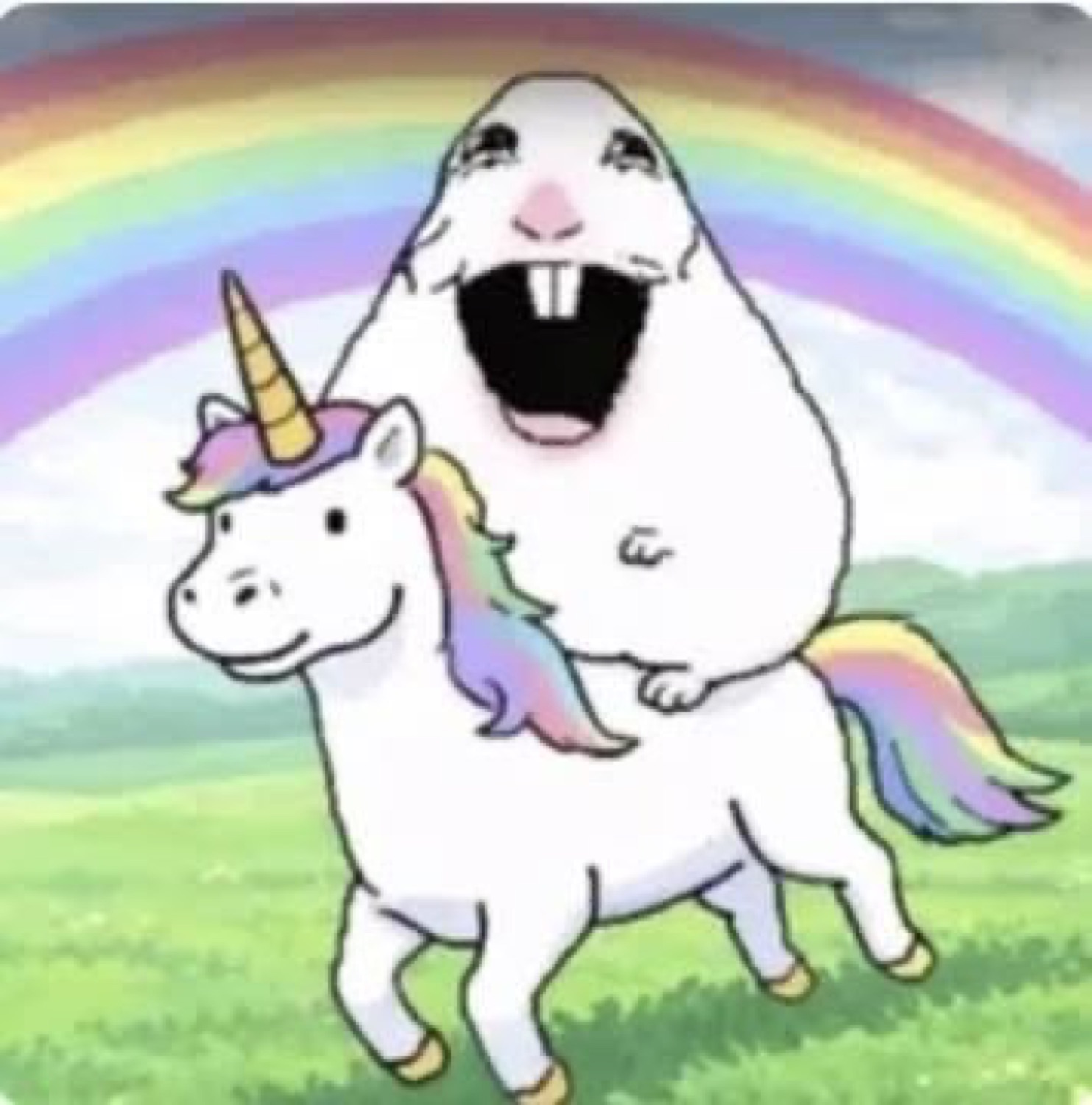 Lumpy white cartoon creature screaming with joy while riding a unicorn under a rainbow