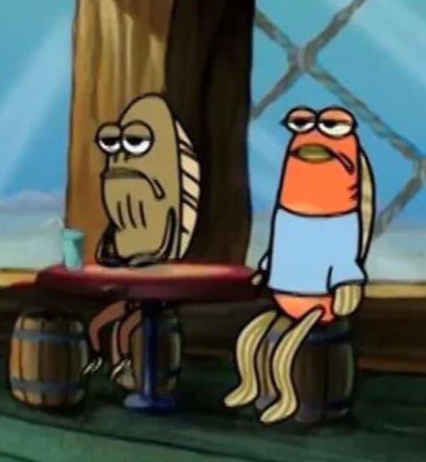 Two SpongeBob fish sitting at a table with heavy-lidded, completely bored faces
