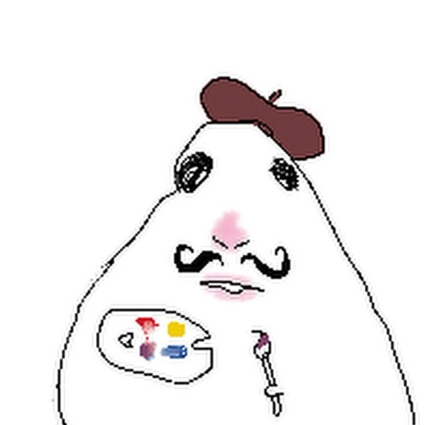 Blob-shaped cartoon character in a beret holding a painter's palette, looking snooty