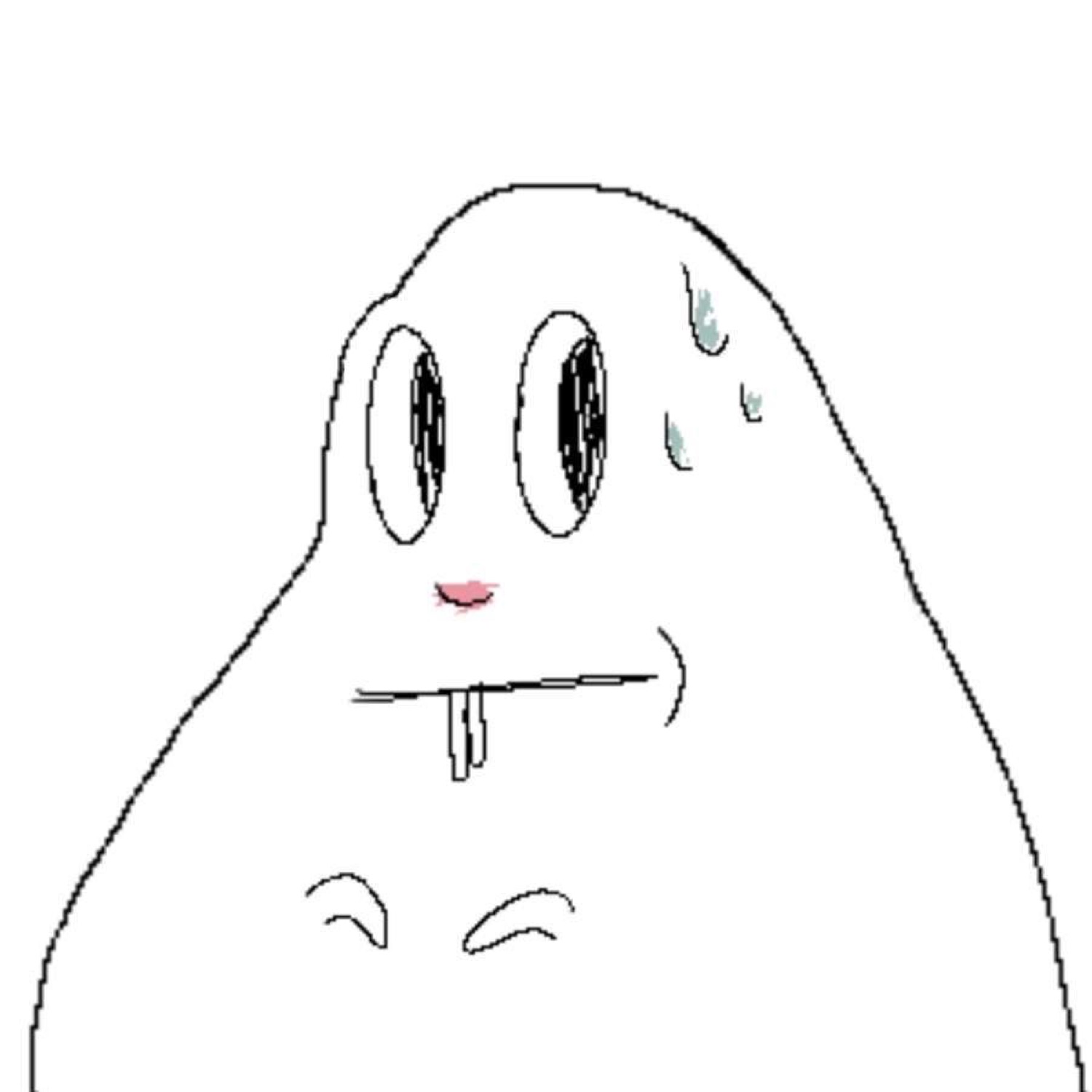 Crude MS Paint blob creature sweating with a stiff, deeply awkward smile