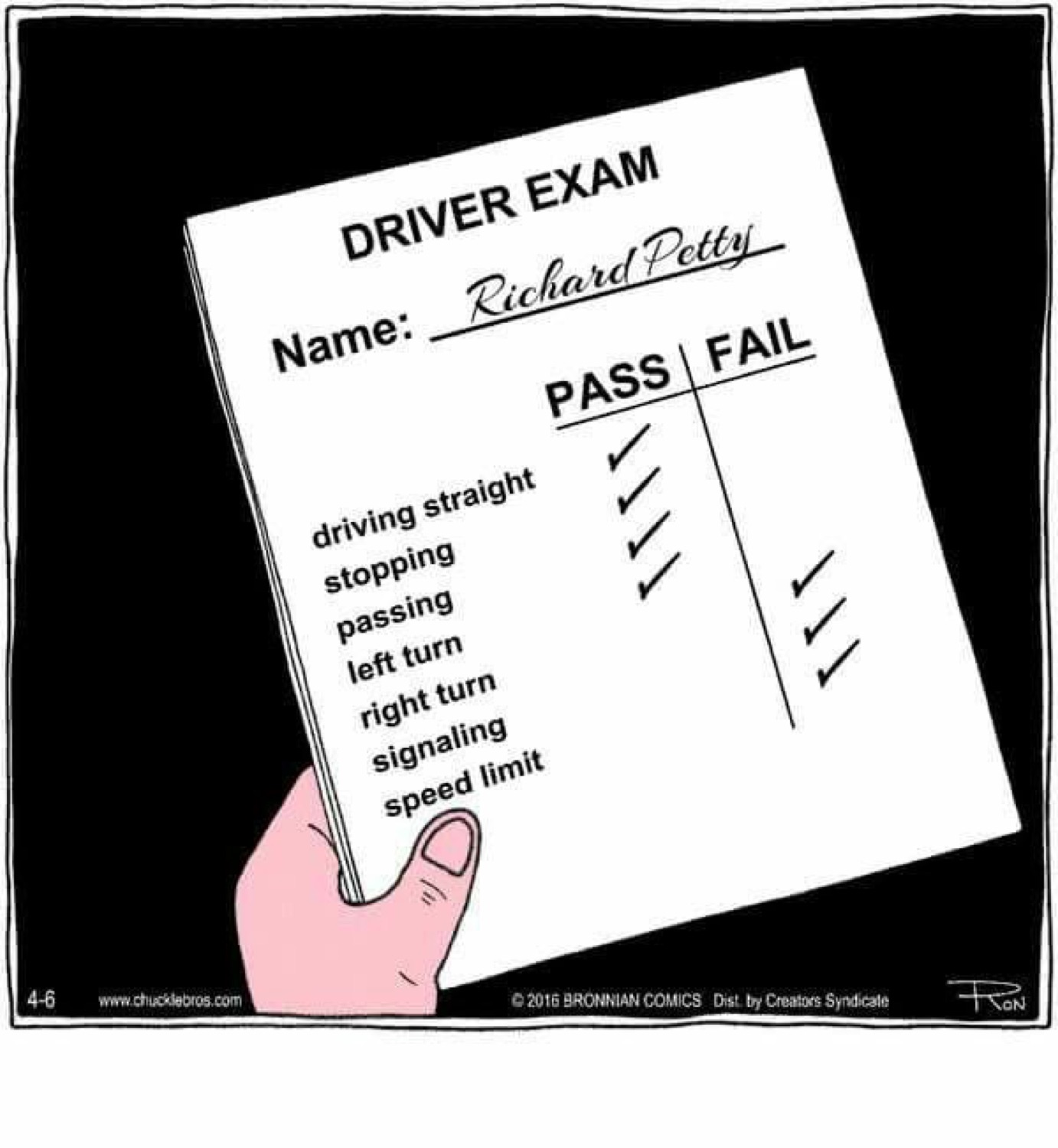 Comic of a driver exam sheet checked straight down the PASS column