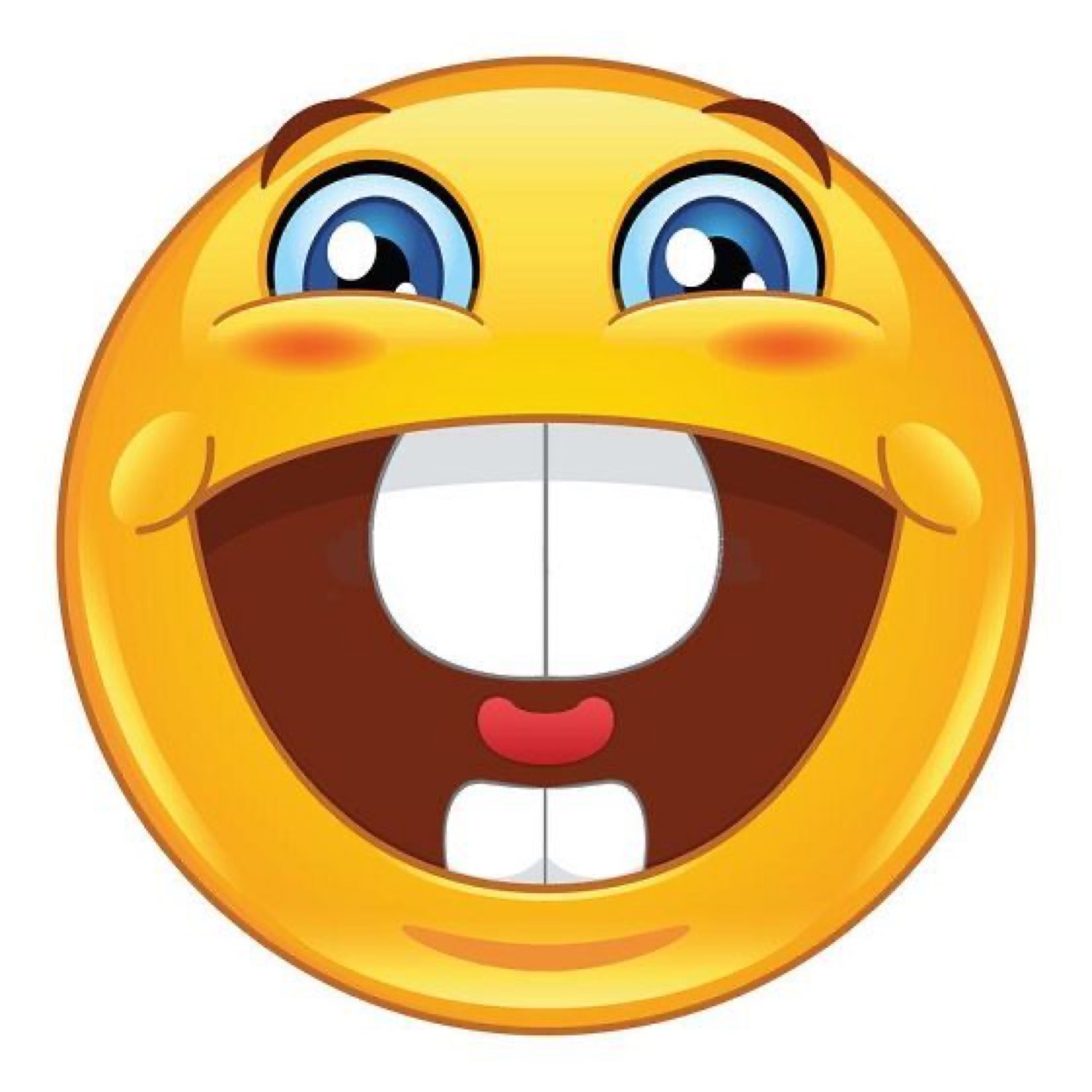 Goofy cartoon smiley face with a huge open mouth grin and blue eyes, beaming
