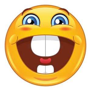 Goofy cartoon smiley face with a huge open mouth grin and blue eyes, beaming