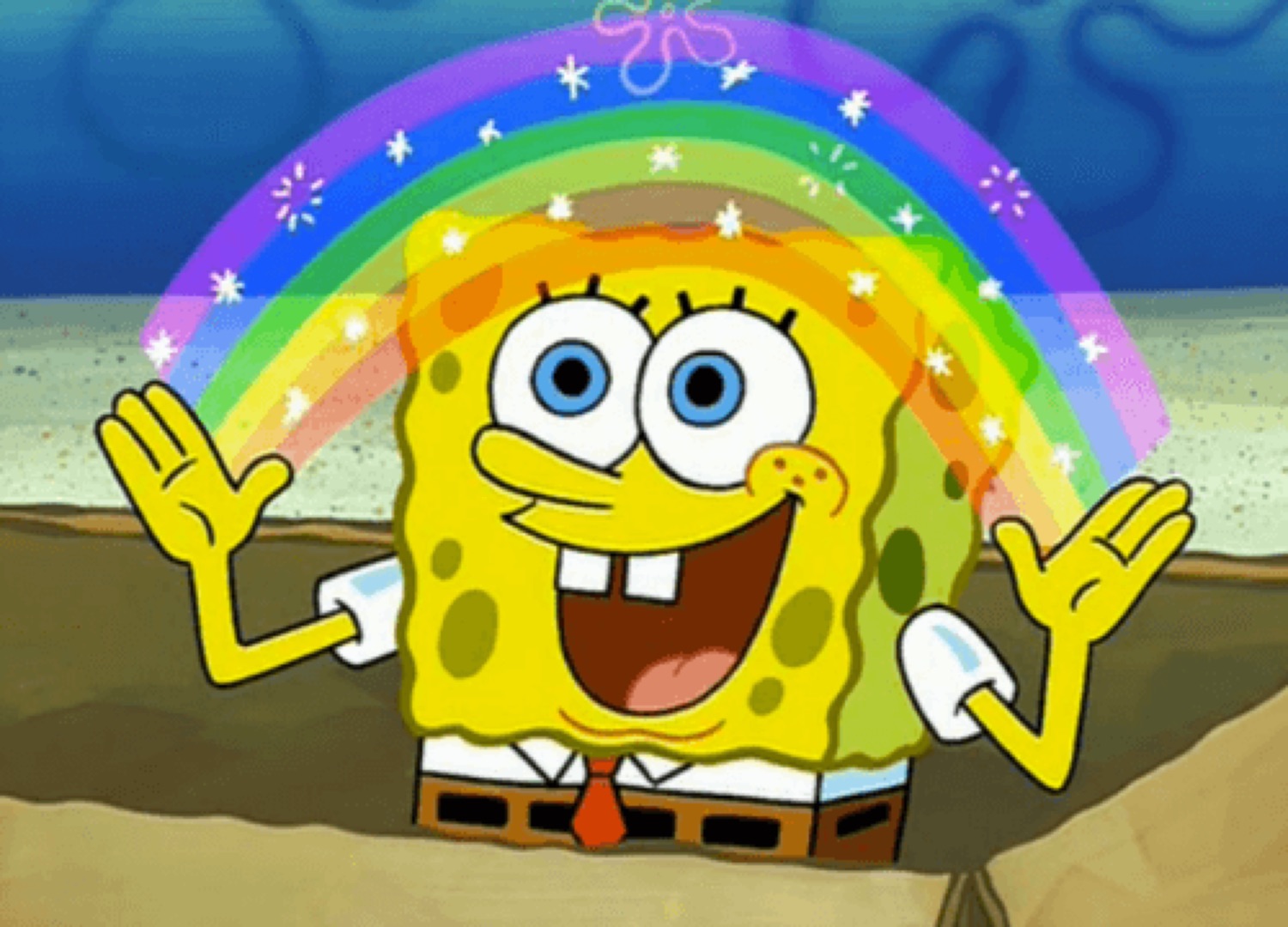 SpongeBob spreading his arms wide under a glittering rainbow, grinning with pure joy