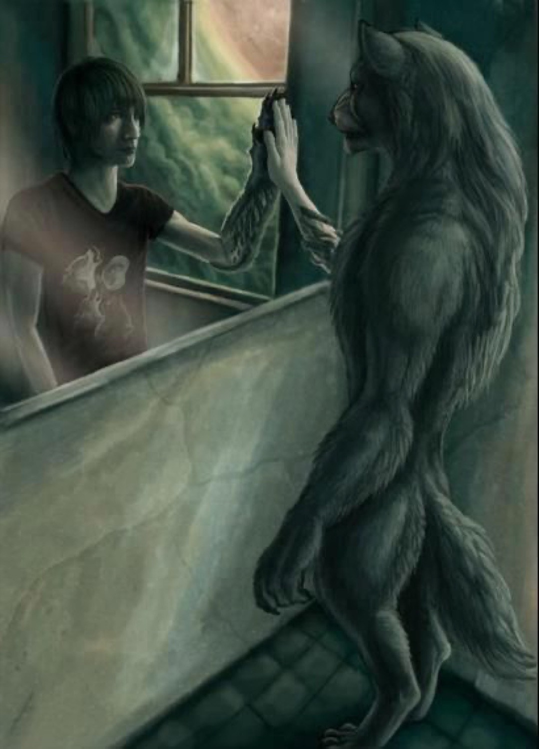 Dark fantasy illustration of a person and a werewolf doing a reluctant high-five through a window
