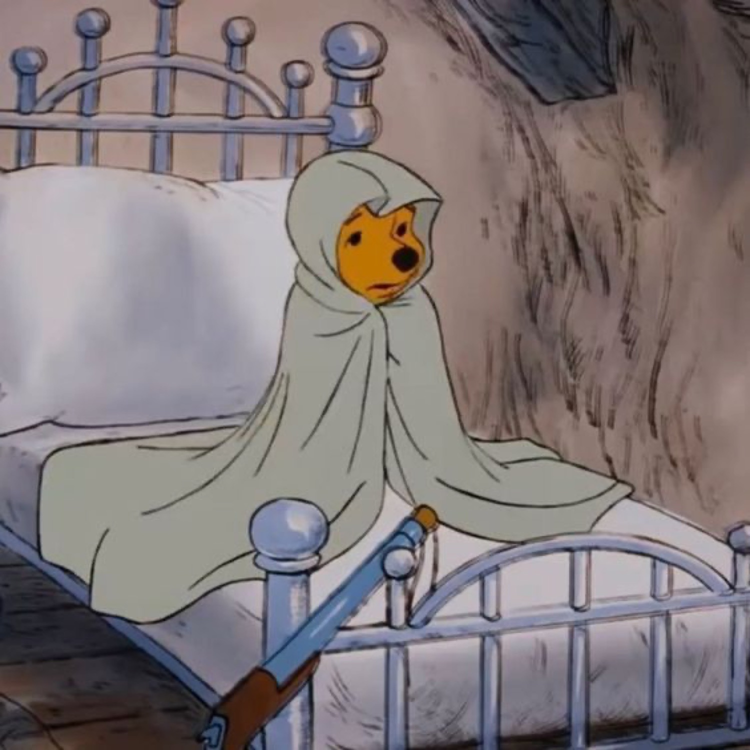 Doge meme face on a cartoon figure sitting on a bed wrapped in a blanket, looking uneasy