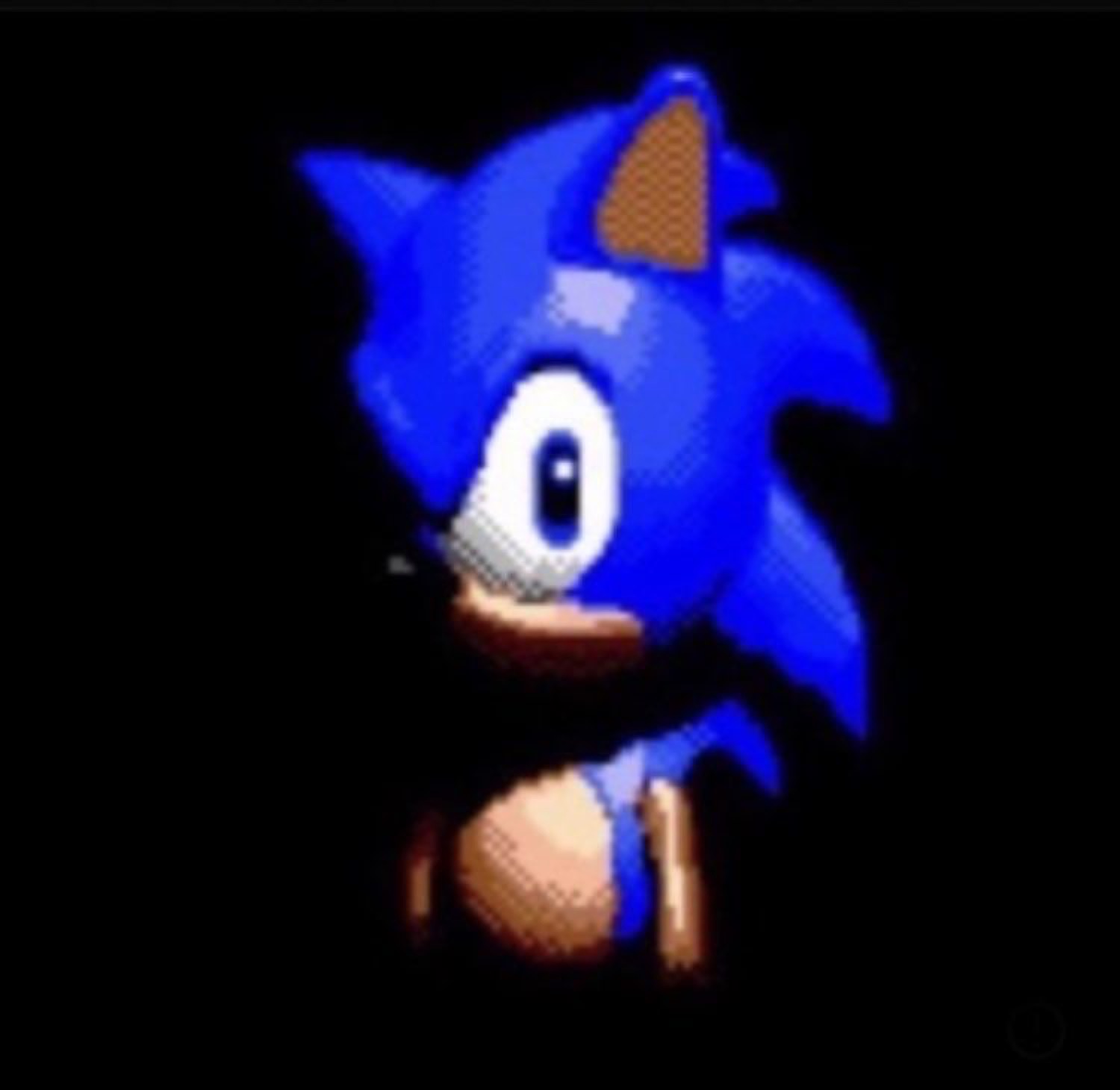 Pixelated Sonic sprite staring blankly in near-total darkness