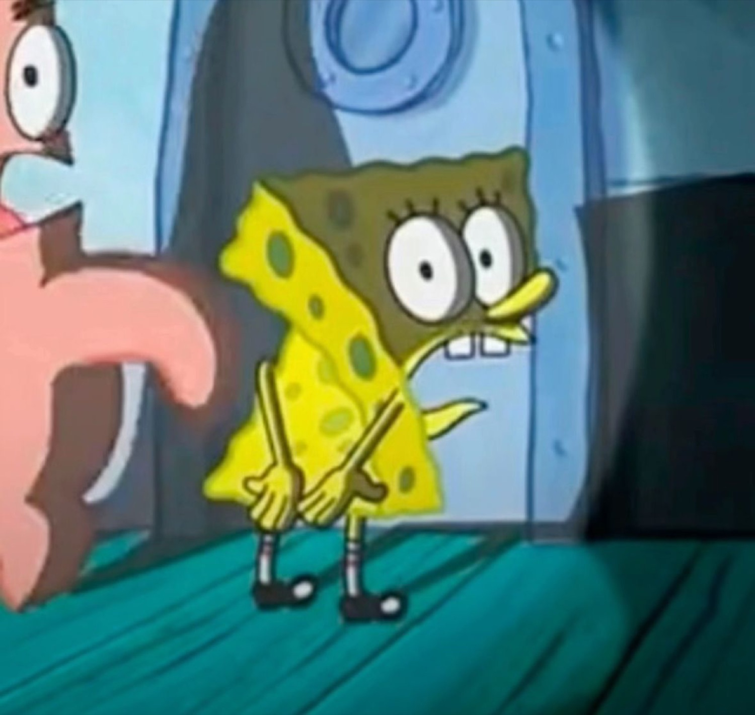SpongeBob standing with hands clasped, shrinking into an awkward little shuffle