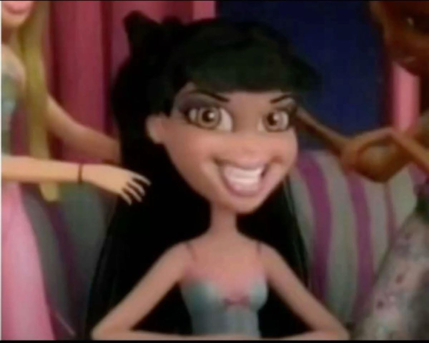 Black-haired Bratz doll grinning wide with a scheming, over-eager look