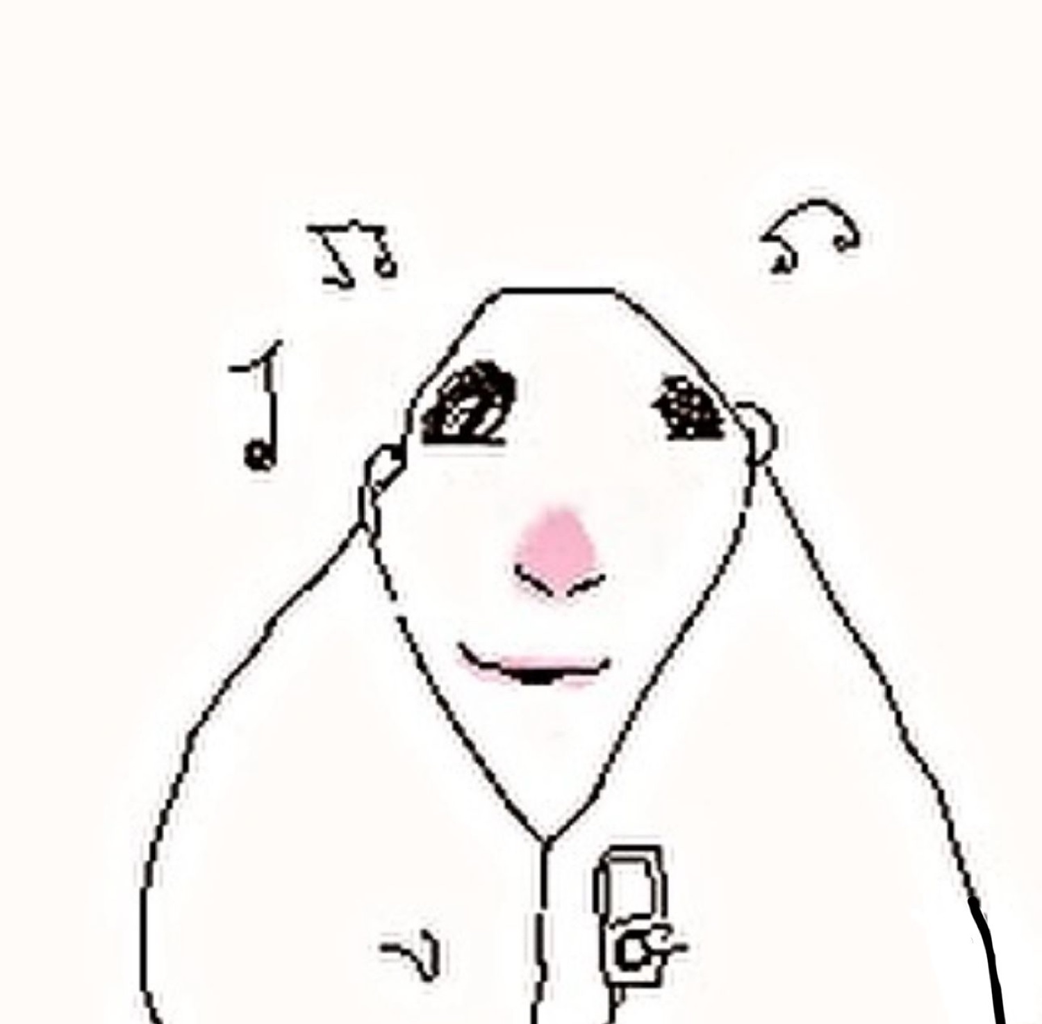 Simple doodle of a bear-like figure in a hoodie listening to music with a calm smile