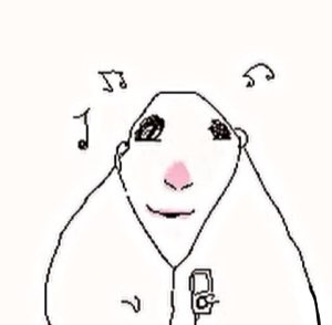 Simple doodle of a bear-like figure in a hoodie listening to music with a calm smile