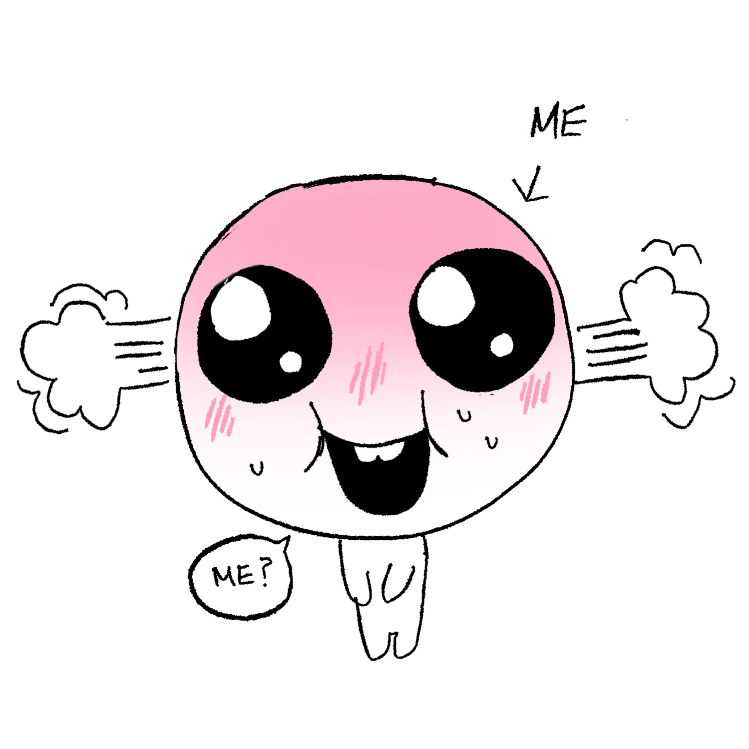 Blushing pink cartoon blob with huge eyes and steam shooting from its ears labeled 'ME'