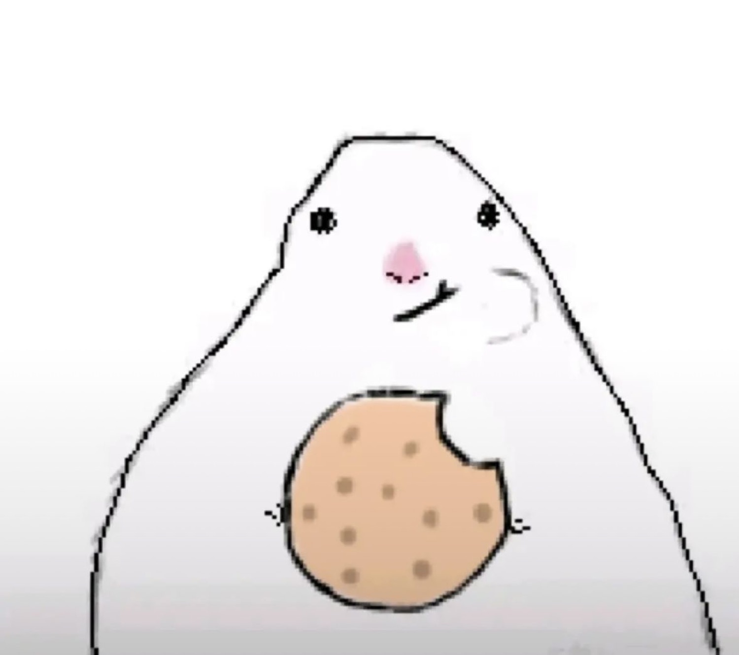 Cartoon blob creature holding a bitten cookie with a shy, sheepish half-smile