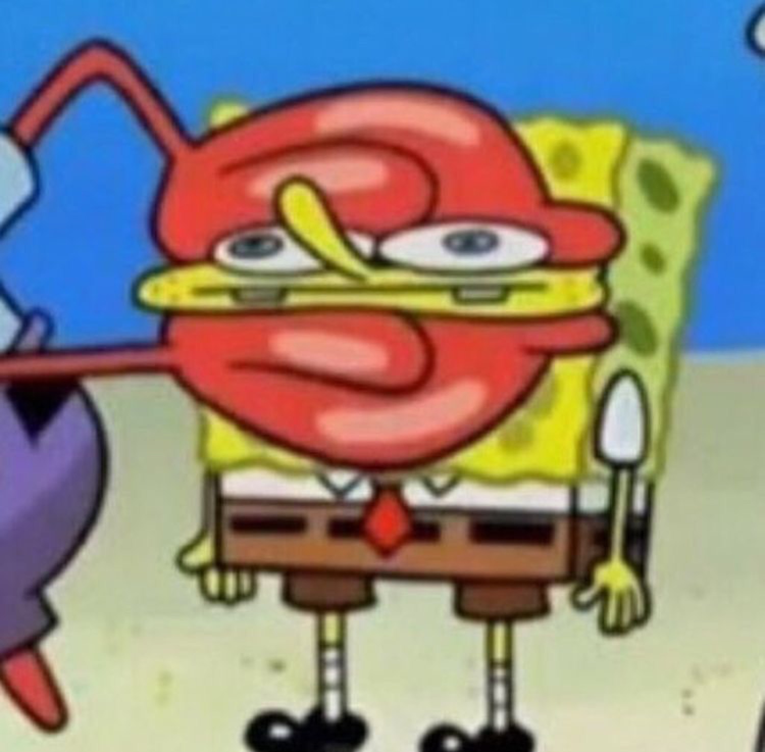 SpongeBob with a red distorted face pulling a disgusted, cringing grimace