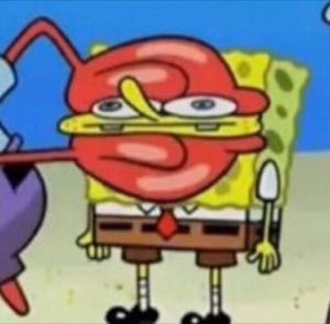 SpongeBob with a red distorted face pulling a disgusted, cringing grimace