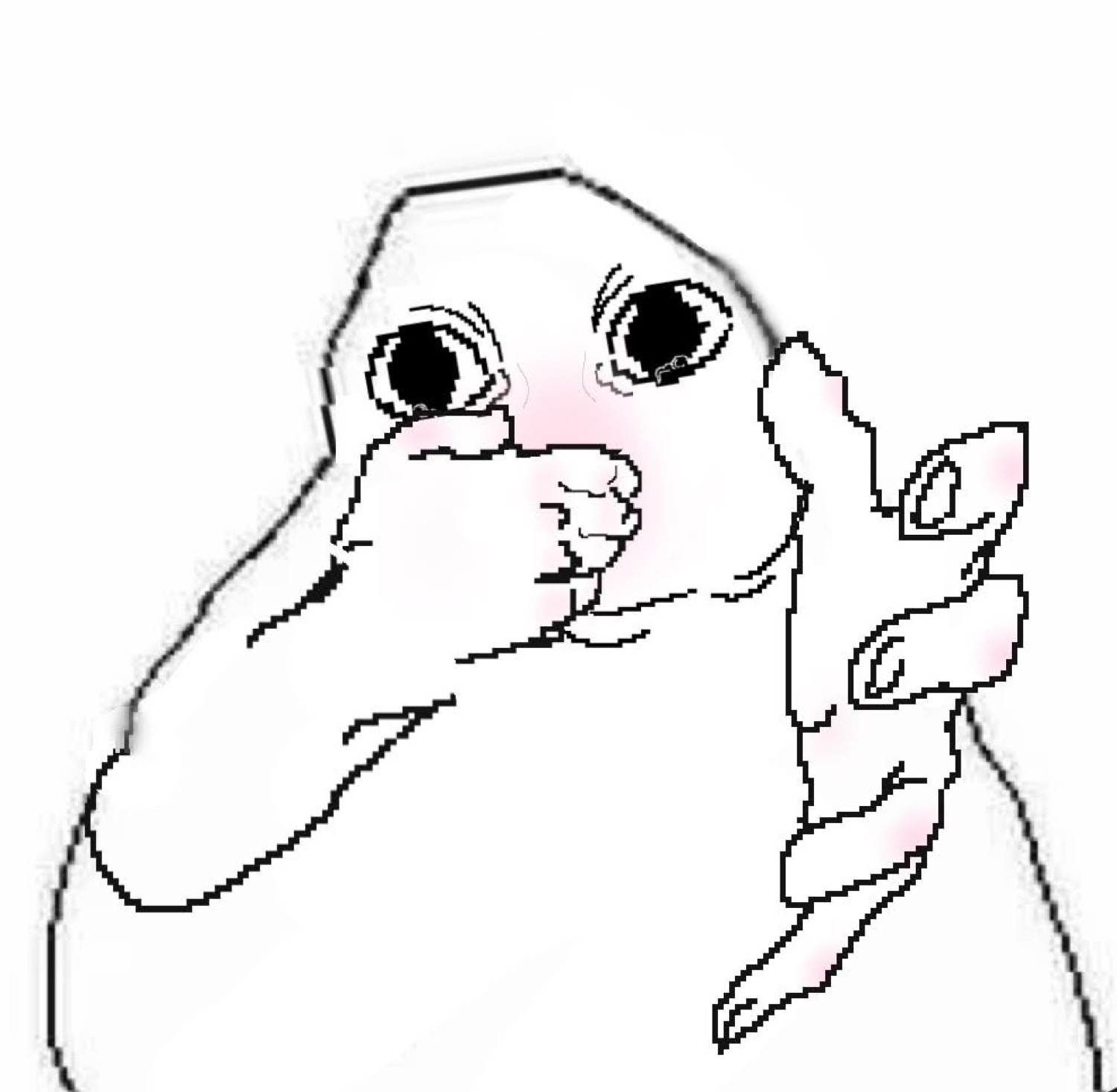 Pudgy white cartoon creature covering its mouth with wide teary eyes, blushing hard