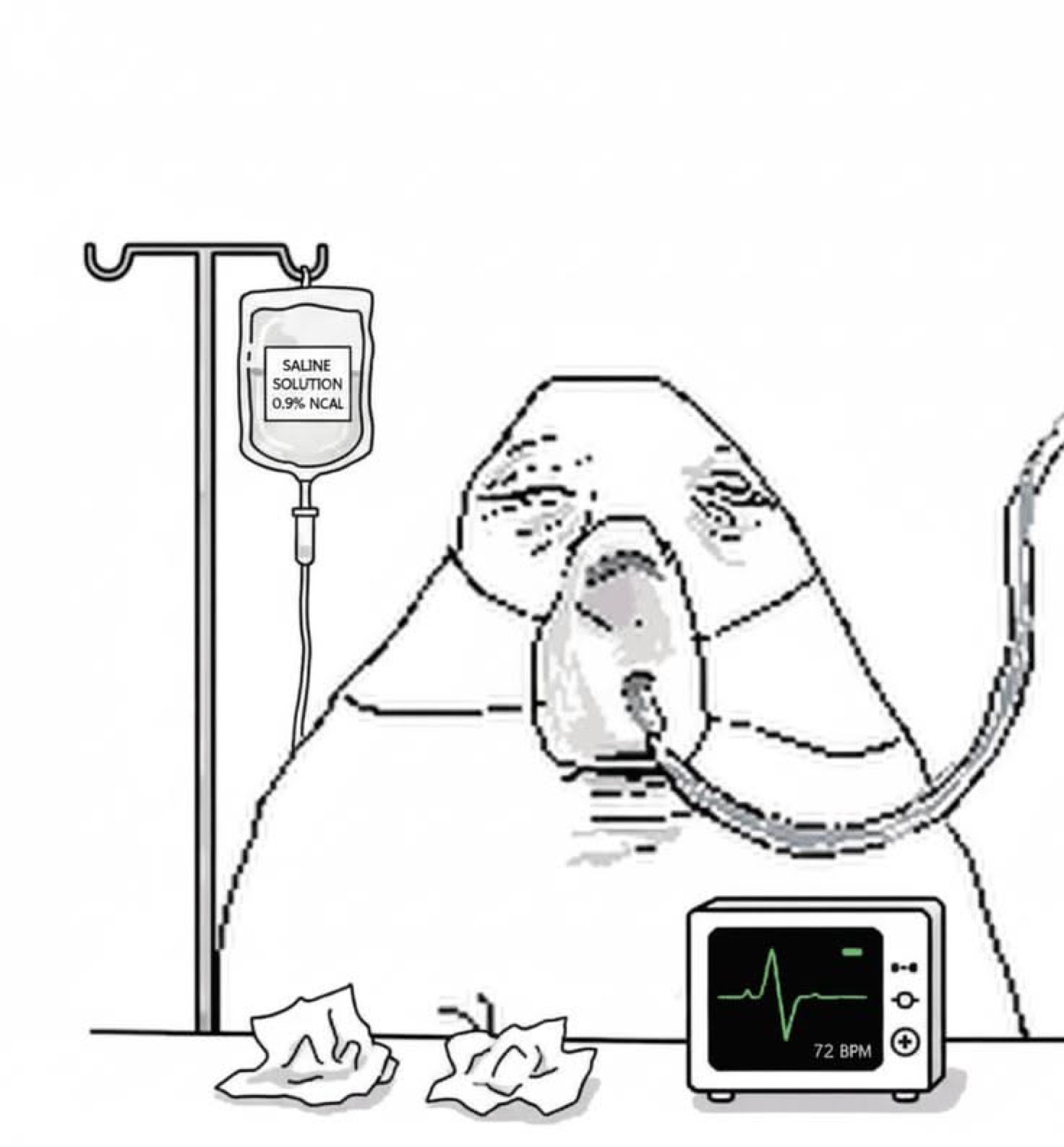 Crying wojak on an IV drip and oxygen mask, tissues everywhere