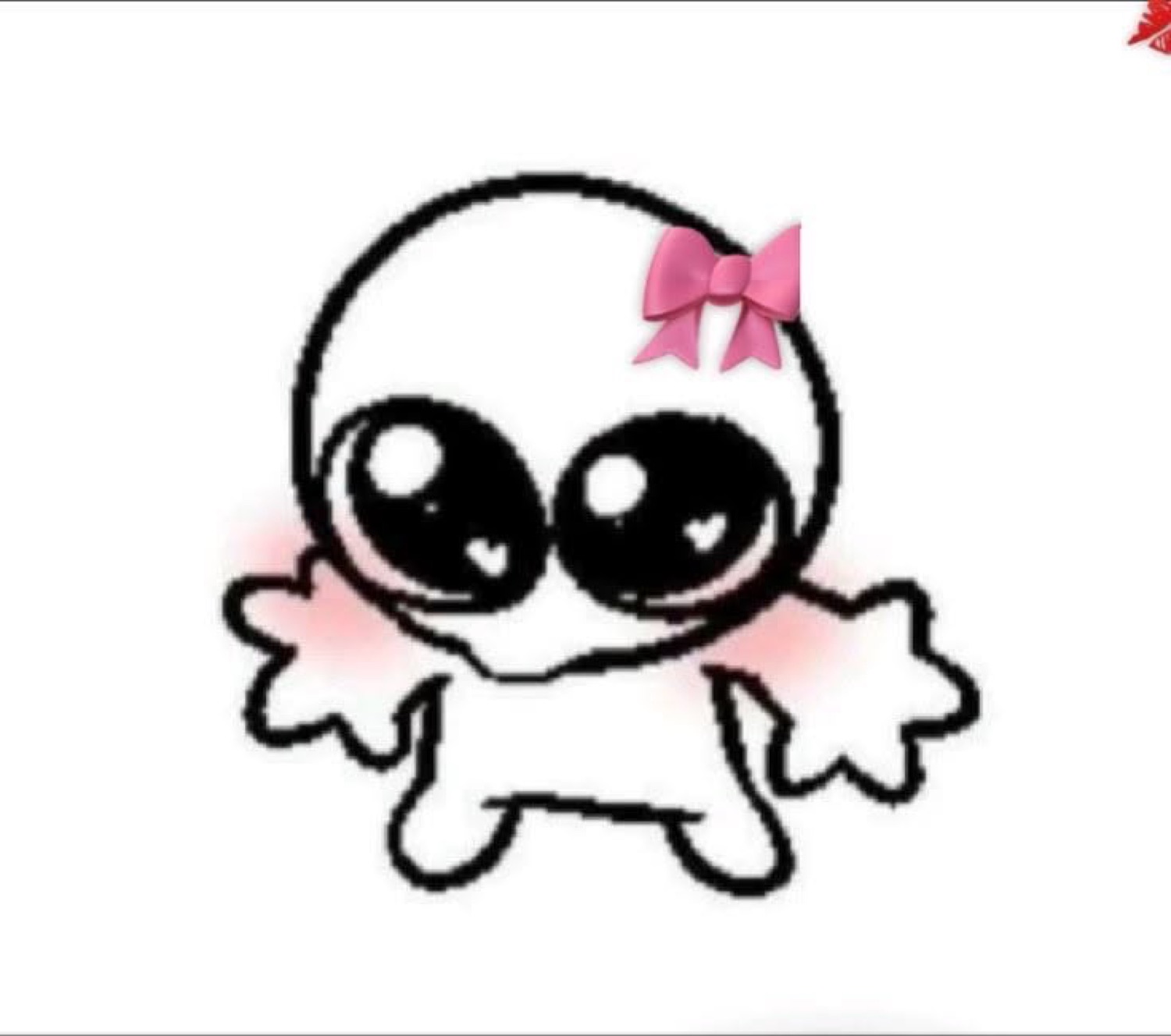 Blushing big-eyed doodle creature with a pink bow, staring blankly