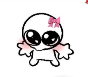 Blushing big-eyed doodle creature with a pink bow, staring blankly