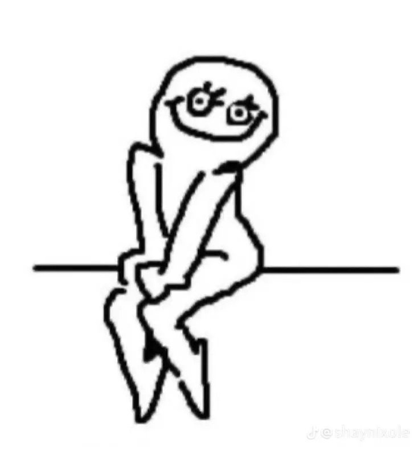 Crude stick-figure doodle perched on a line with a shy, awkward little smile